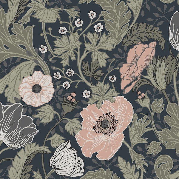 Manhattan Comfort Limoges Anemone Navy Floral 33 ft L X 209 in W Wallpaper BR4080-44103 - main